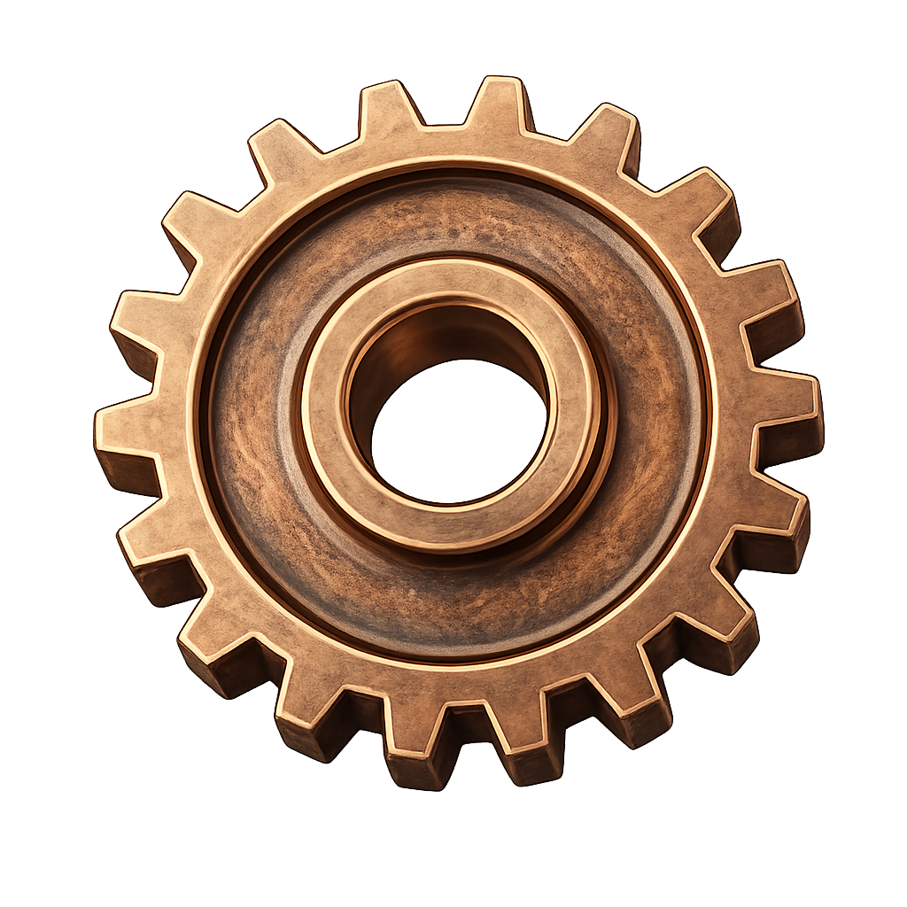 Elementy z brązu: koło zębate oraz pręty i profile na metalowej powierzchni.